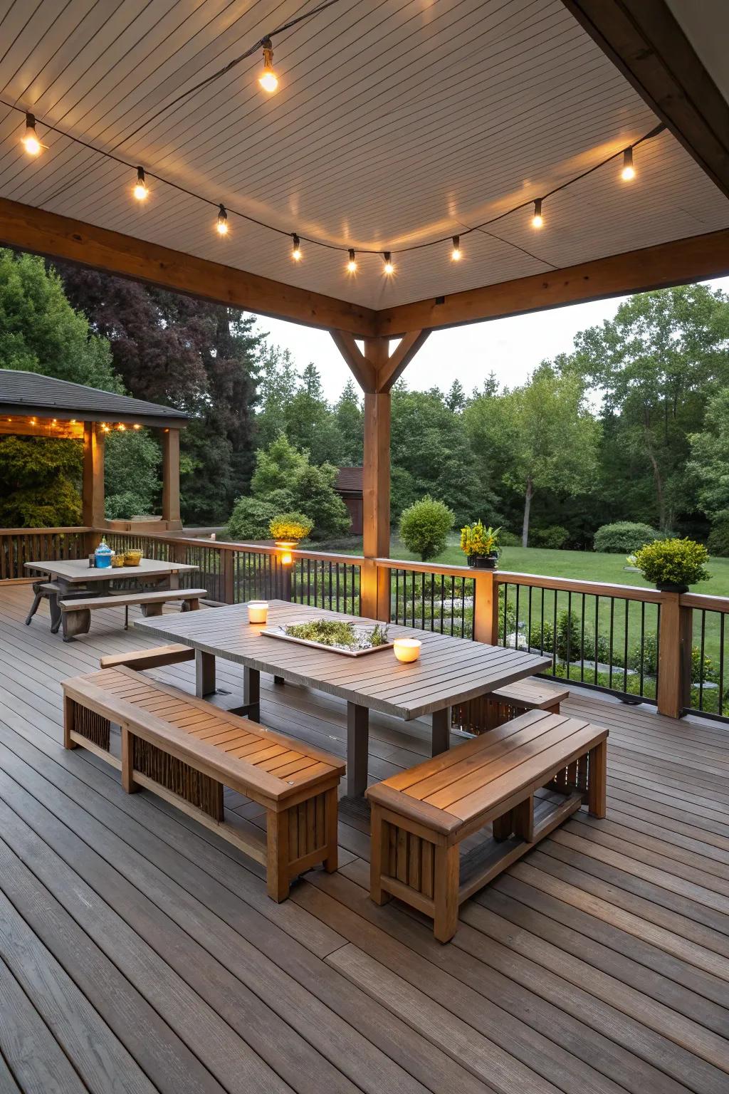 U-shaped benches craft a welcoming space for socializing.