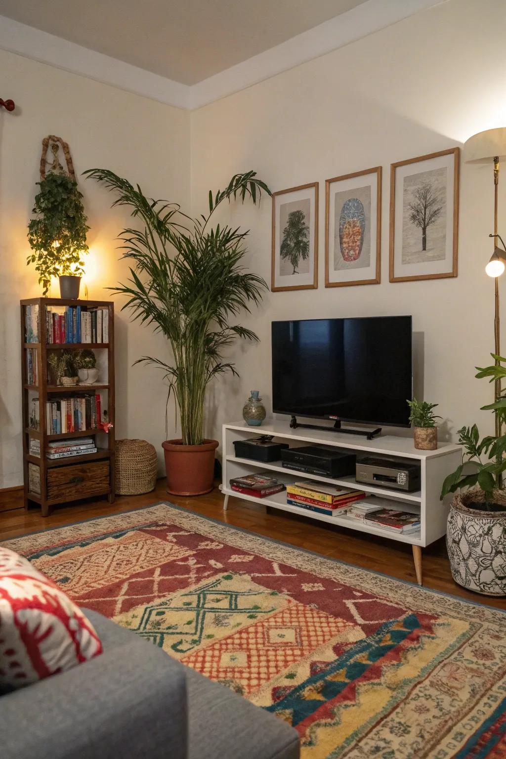 Uneven decor adds a fun and interesting look around the TV.