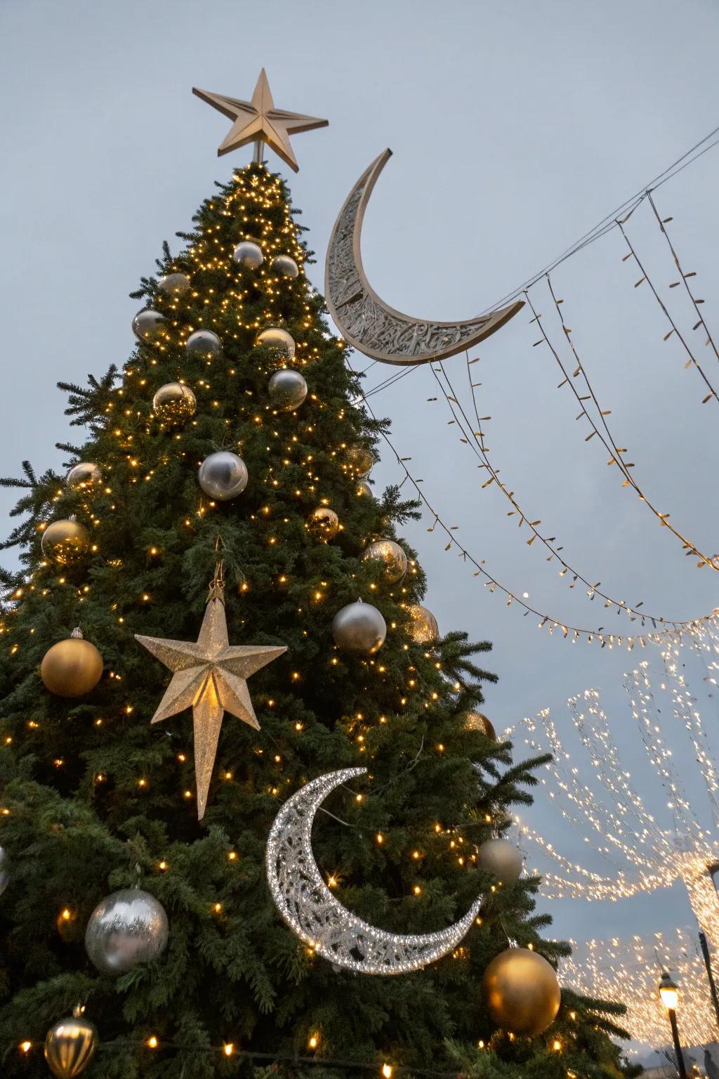 A celestial splendor Christmas tree with elegant lights and decorations.
