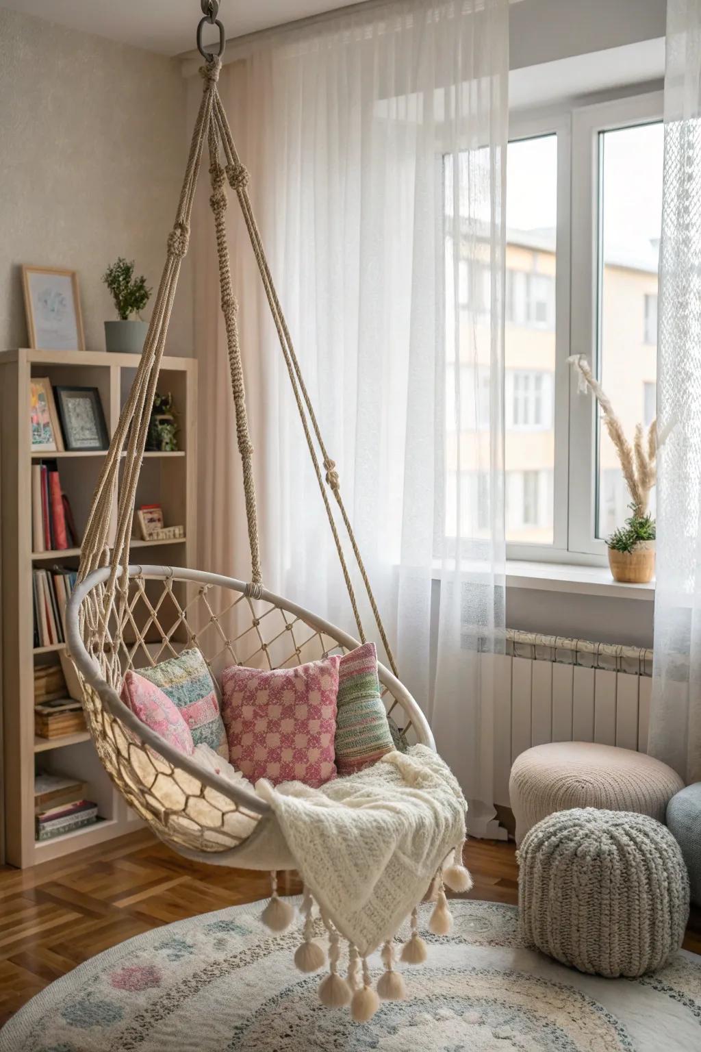 A hanging chair introduces an aspect that is both fun and whimsical.