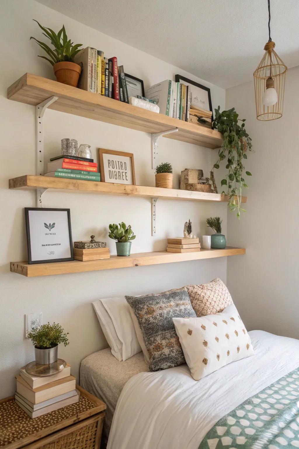 Floating shelves provide stylish storage solutions for a small bedroom.