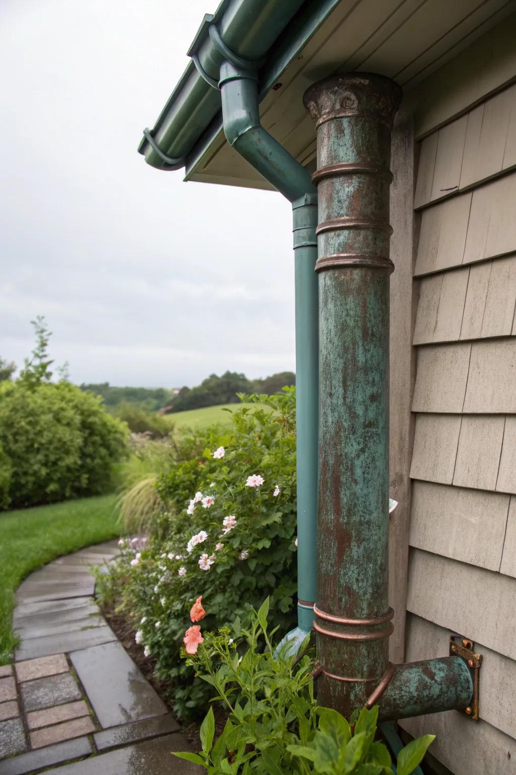Copper downspouts offer luxurious elegance and visual interest.