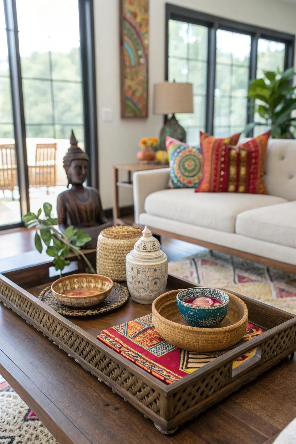 A global effect with culturally diverse objects on a display piece.