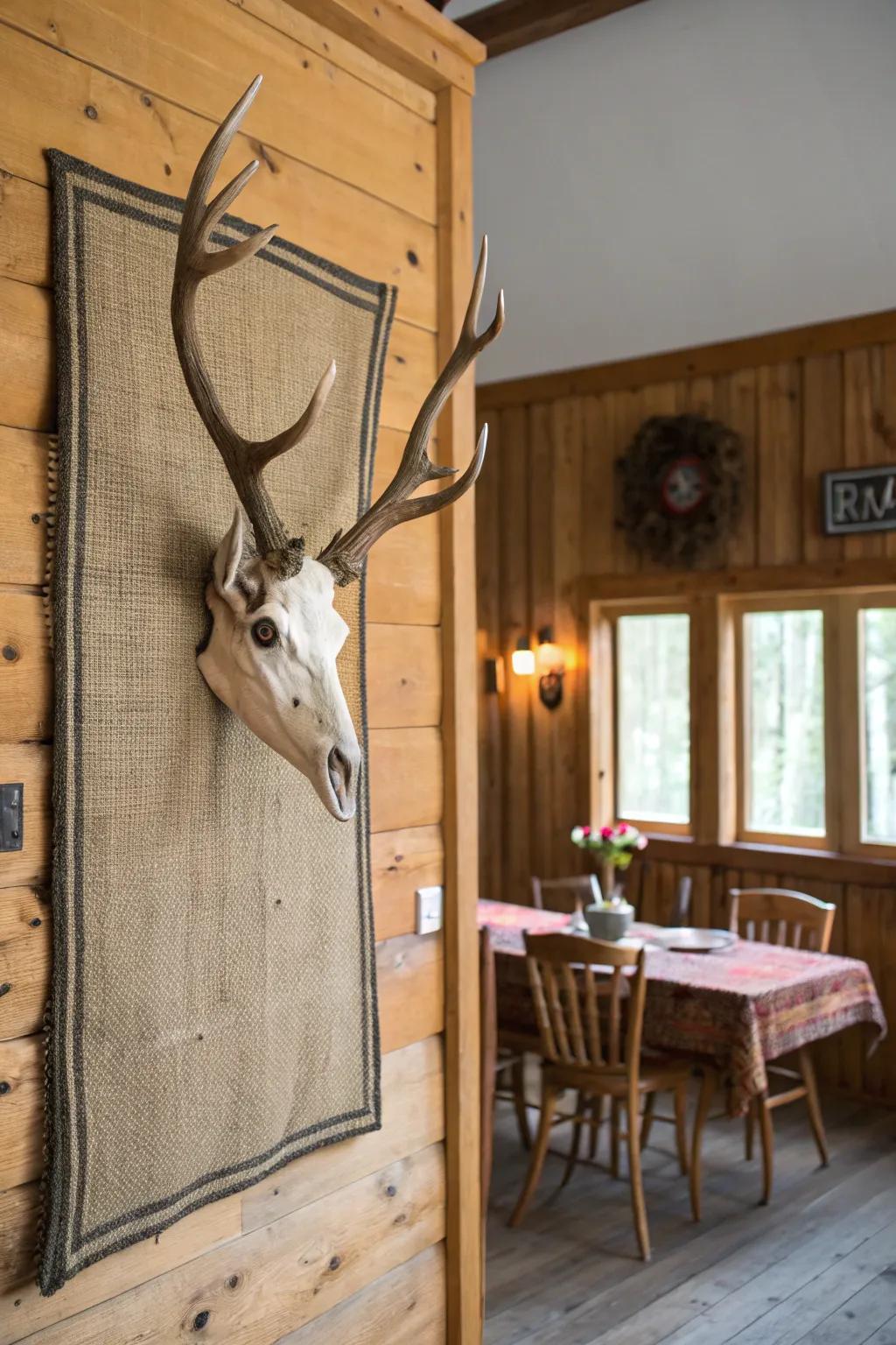 A textured cloth foundation introduces earthy charm to a deer skull.