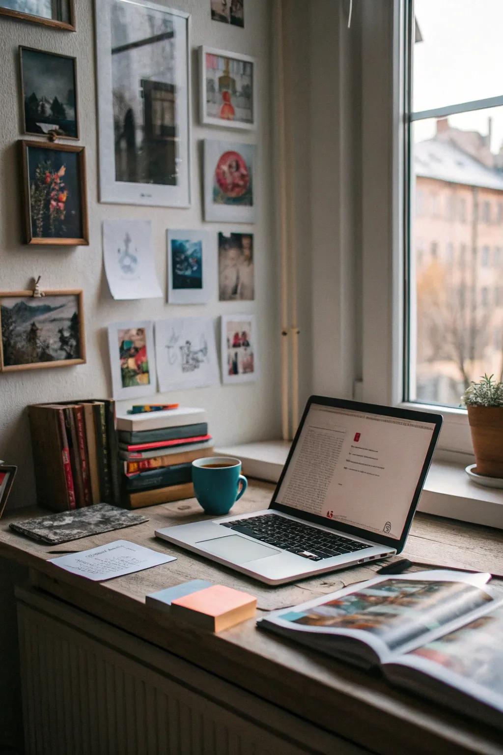 A wall display adds inspiration and creativity to the workspace.