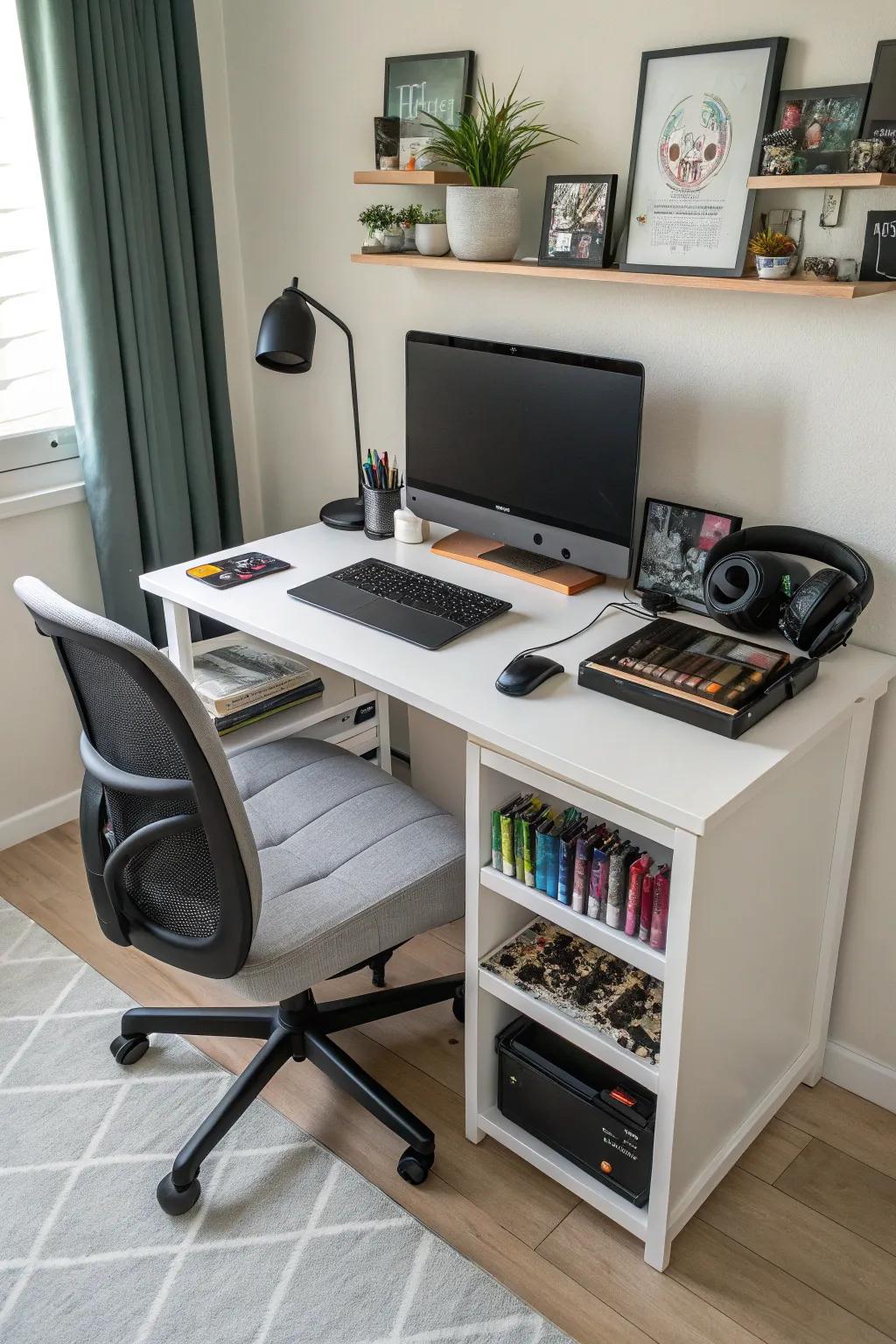 A versatile desk space is suited for a variety of tasks.
