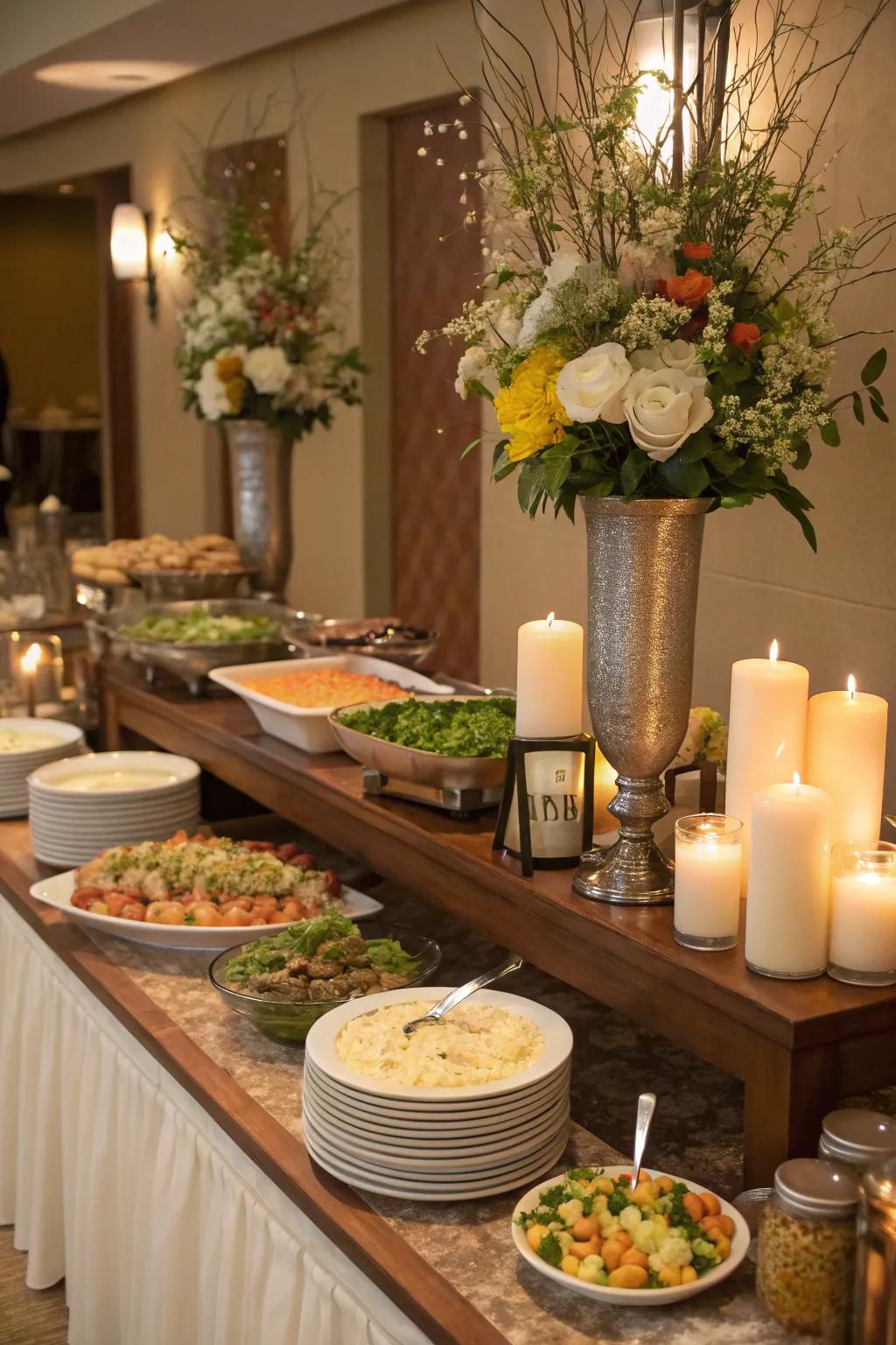 The rule of threes brings balance and completion to this buffet's decor.