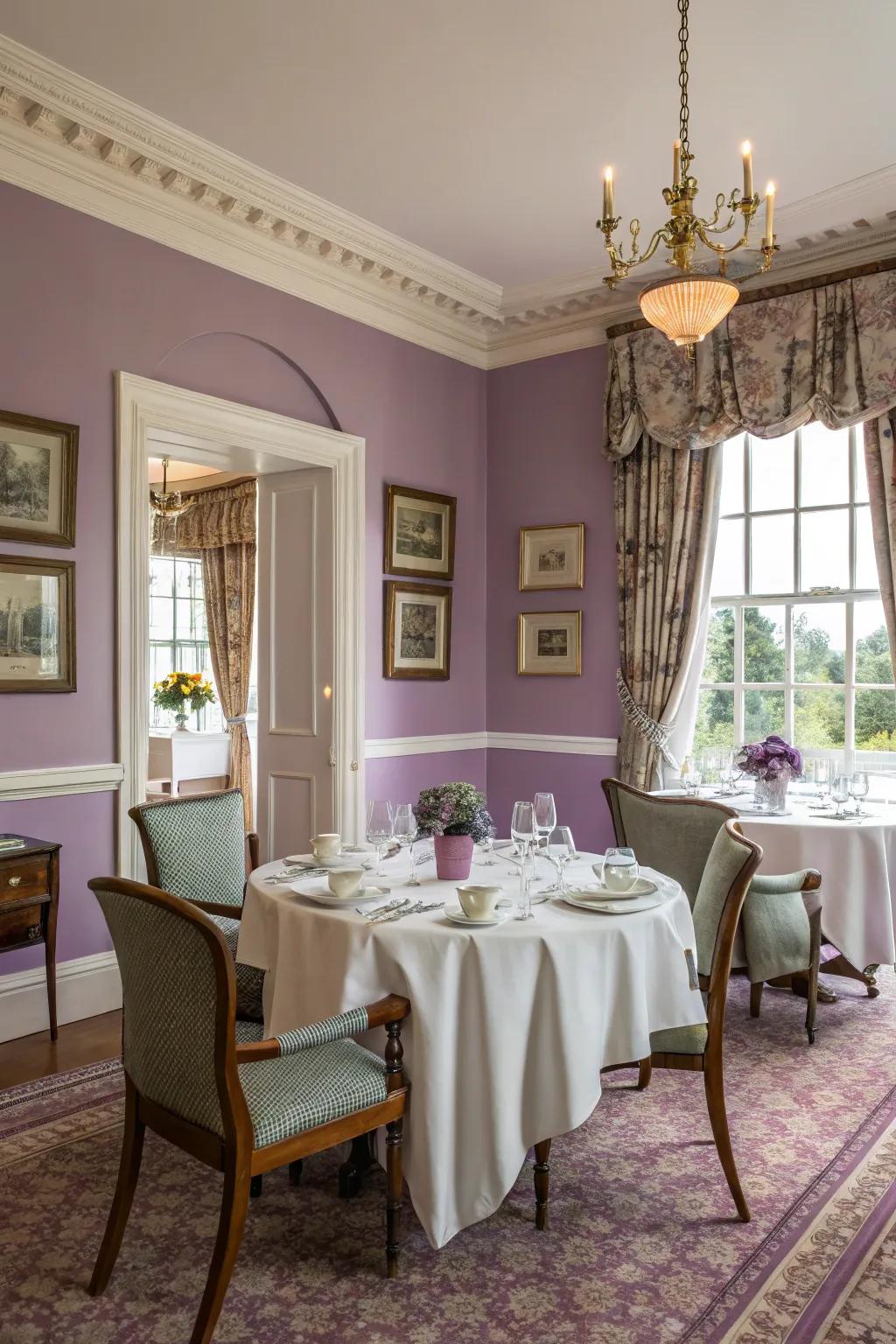 A calming dining space adorned with the elegance of lavender.