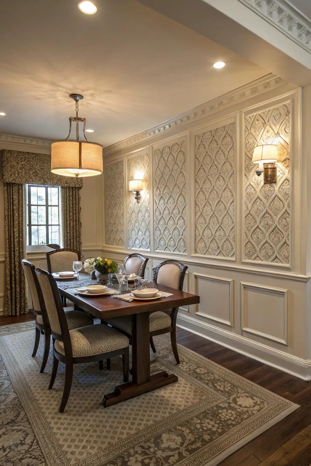Textured panels add depth and character to this inviting dining room.