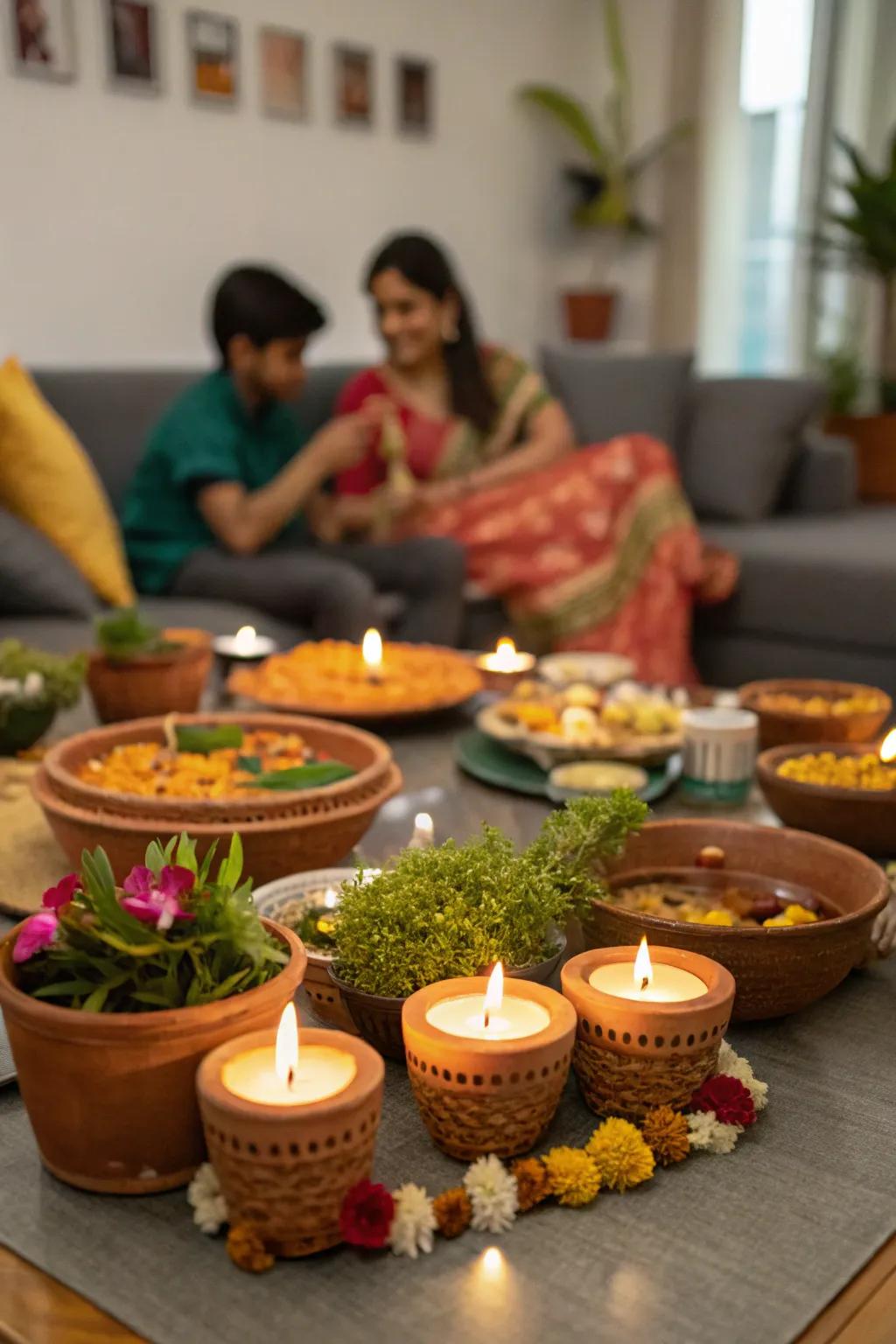 Small planters add a touch of nature and refresh the Diwali surface.