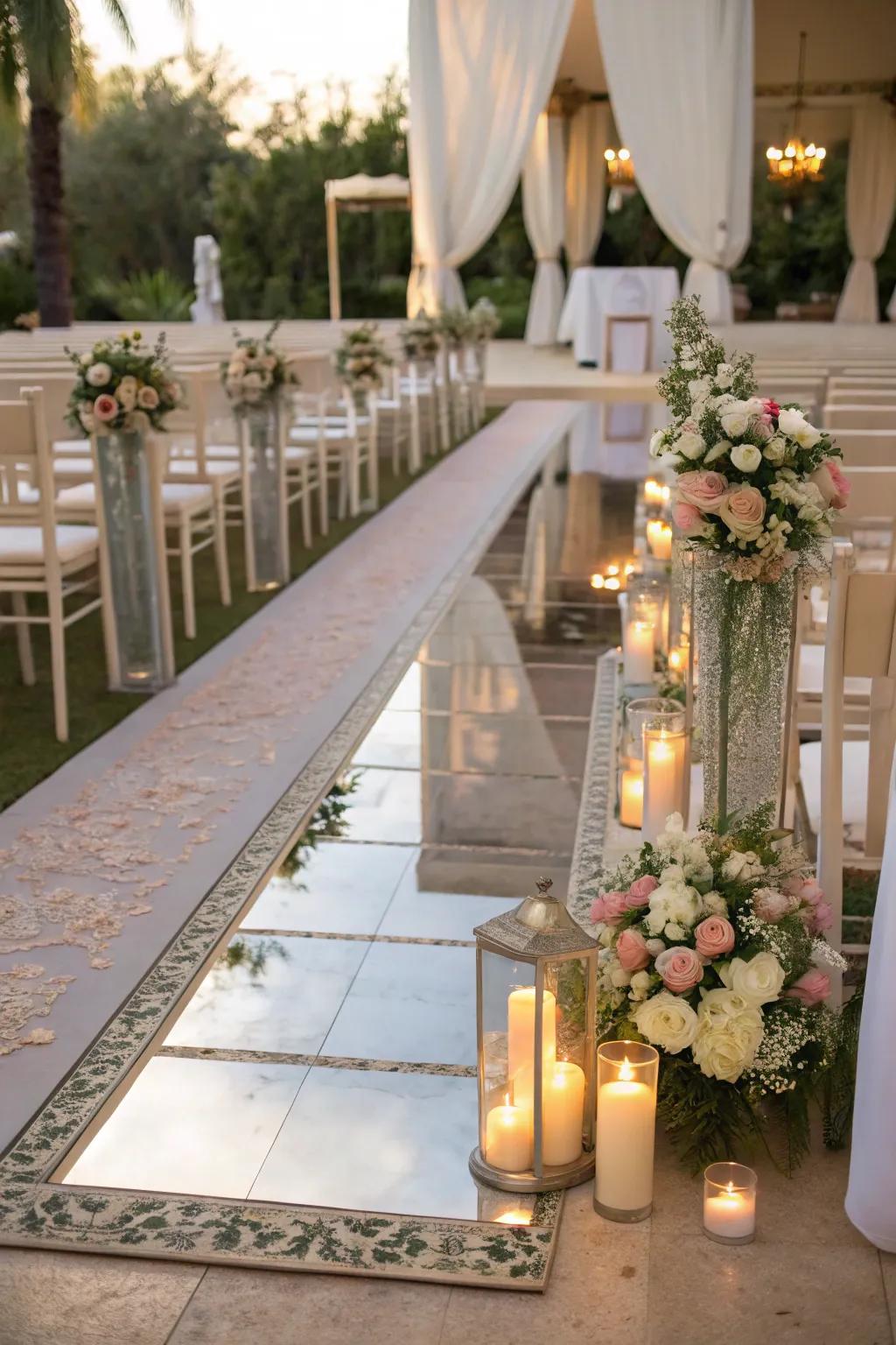 A reflective aisle path contributes a distinctive and mirrored touch.
