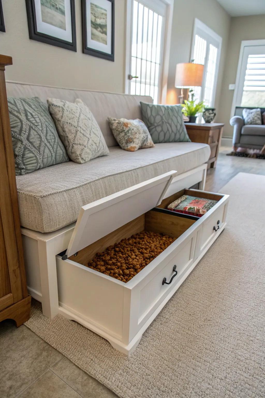 Adaptable furniture with hidden sections keeps dog food storage unobtrusive and stylish.