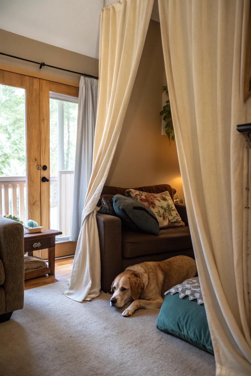 A concealed dog nook through curtains offers a private, exclusive escape inside the living space.
