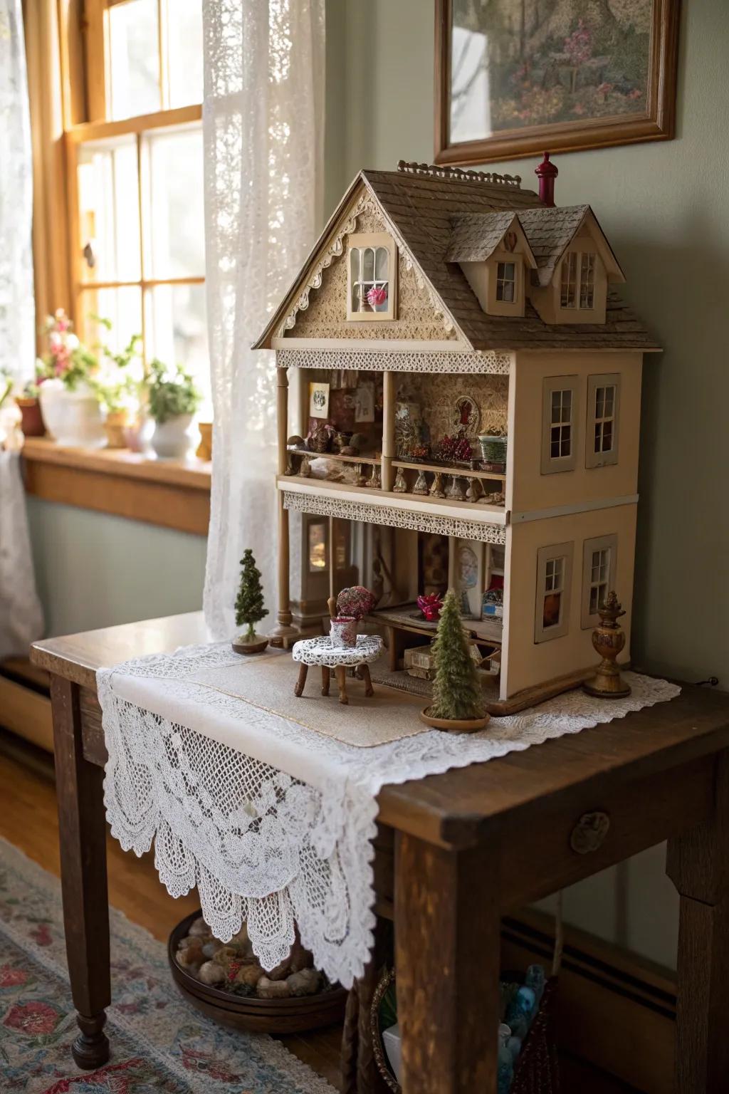 A vintage table adds character to dollhouse arrangements.