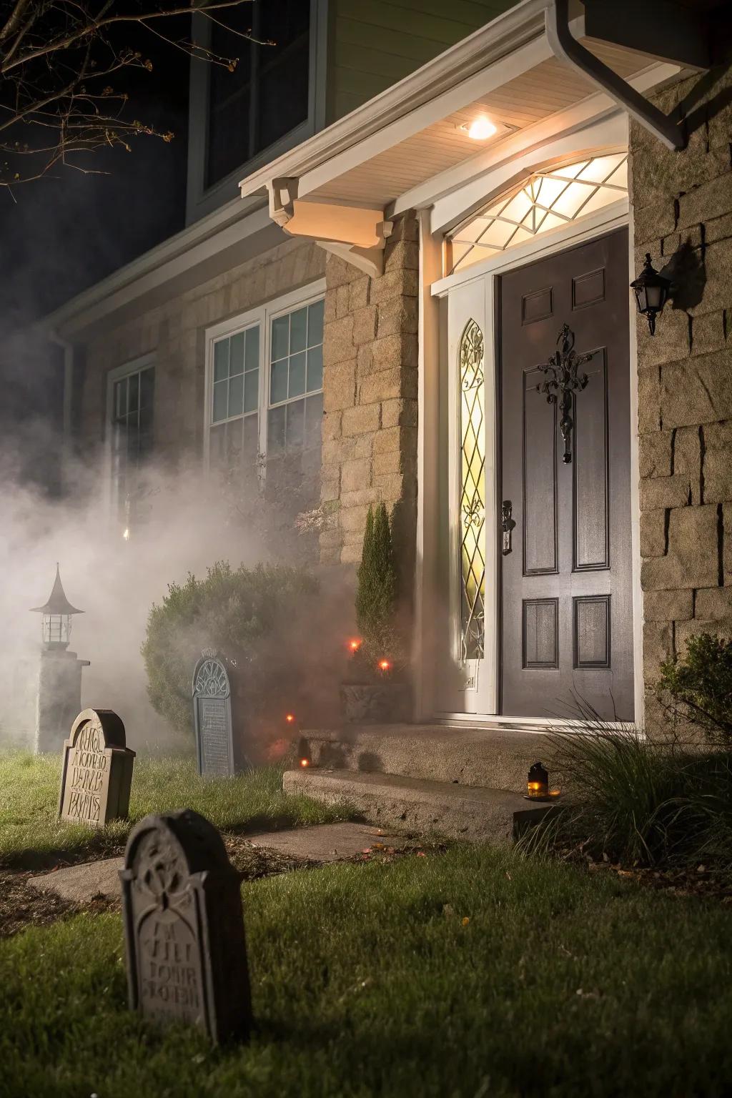 A mist-filled burial ground scene establishes the Halloween mood.