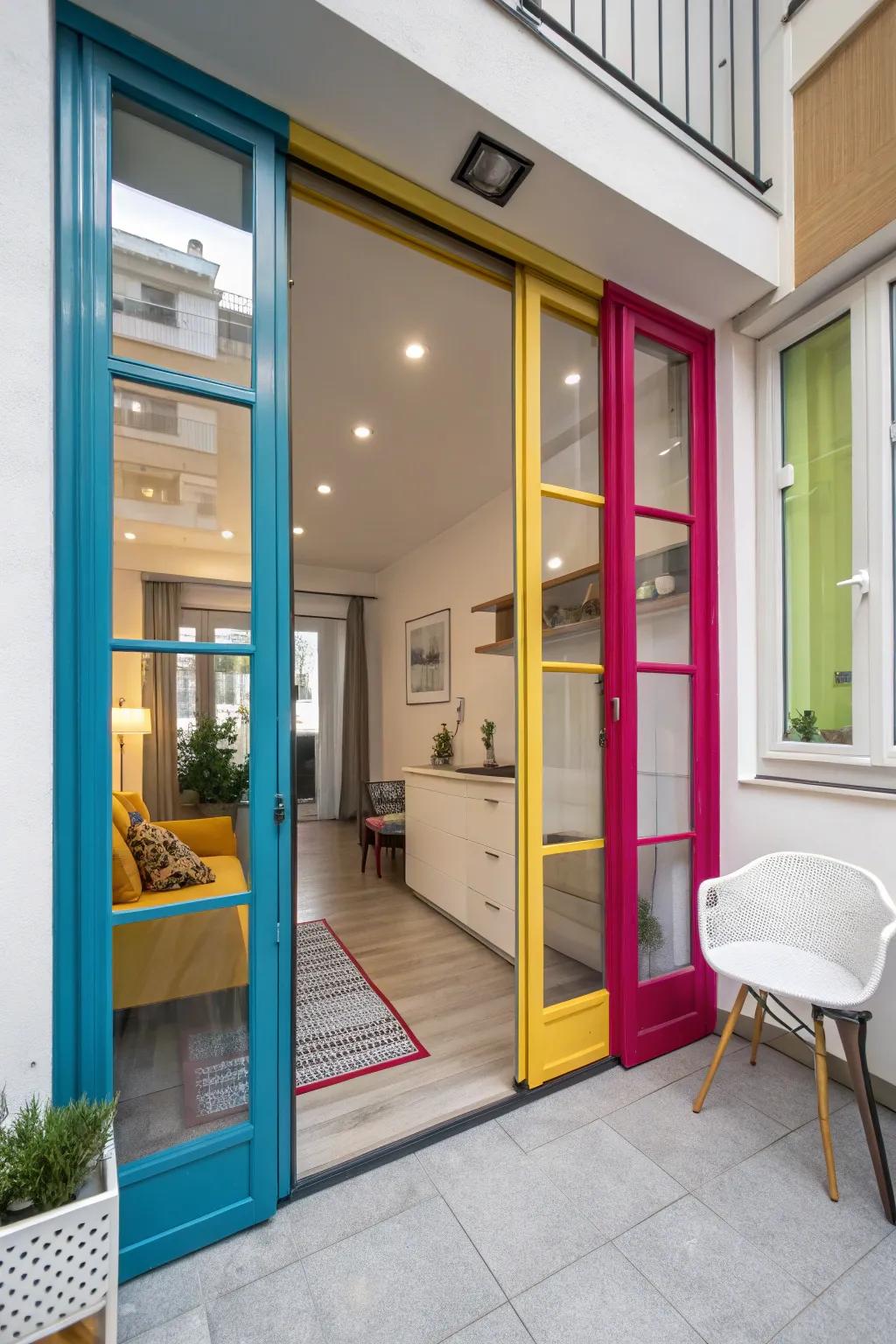 Bright glass doors bring a playful splash of color to this vibrant studio apartment.