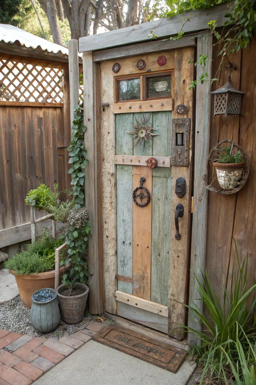 Incorporate personality and sustainability with a door crafted from repurposed resources.