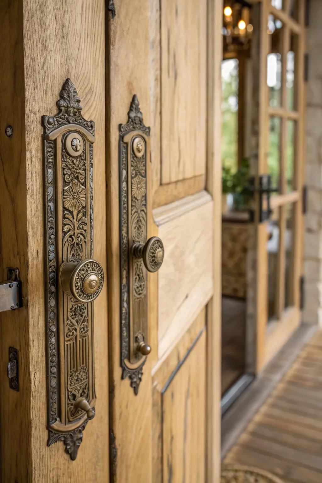 Handcrafted door pulls add unique character.