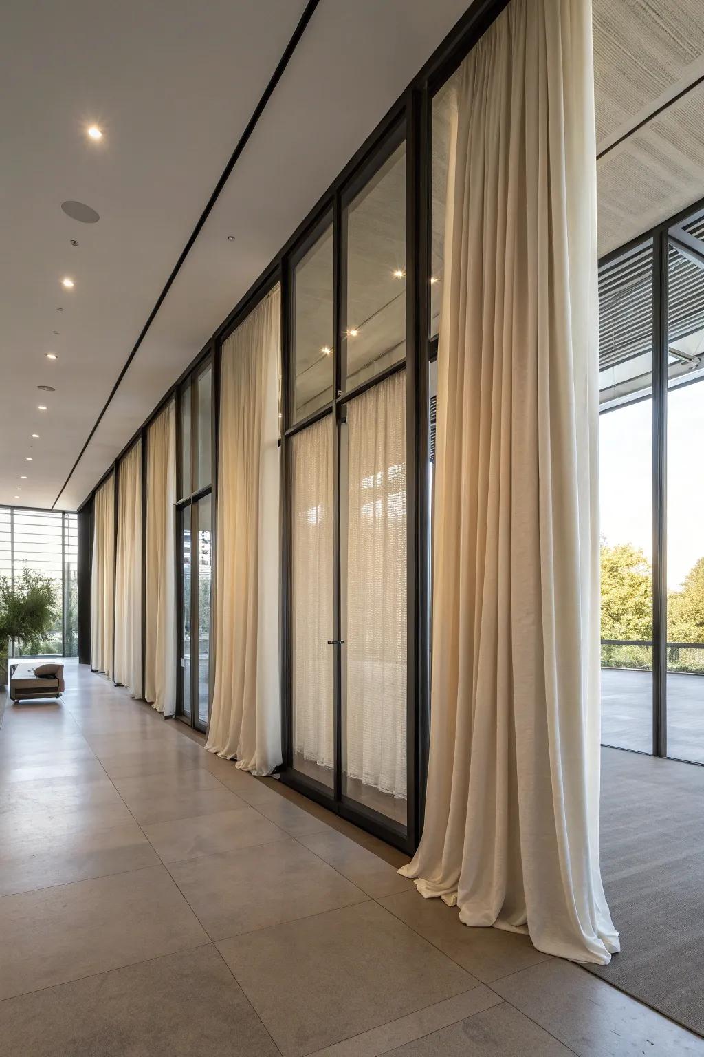 Design soft partitions using sliding fabric panels.