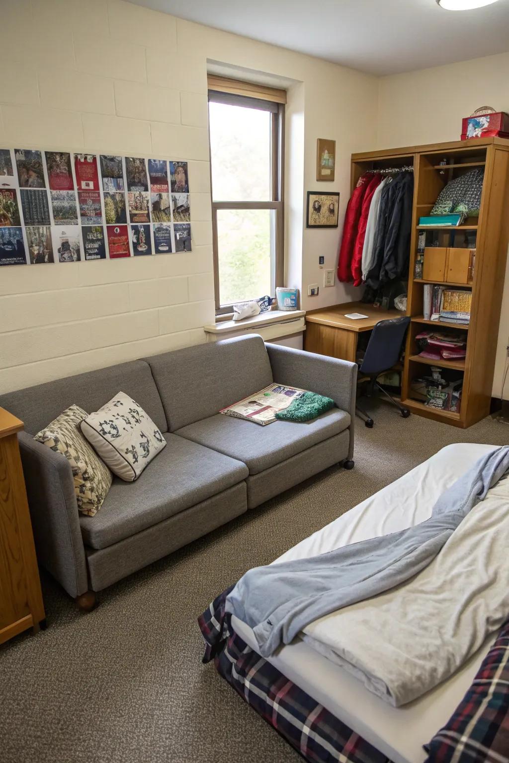 In this dorm, the folding sofa offers some added flexibility.
