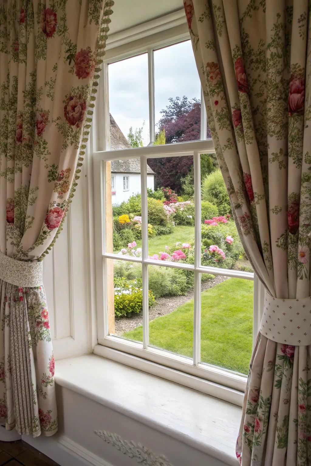 Decorative tiebacks add both flair and function to these cottage-style layered curtains.