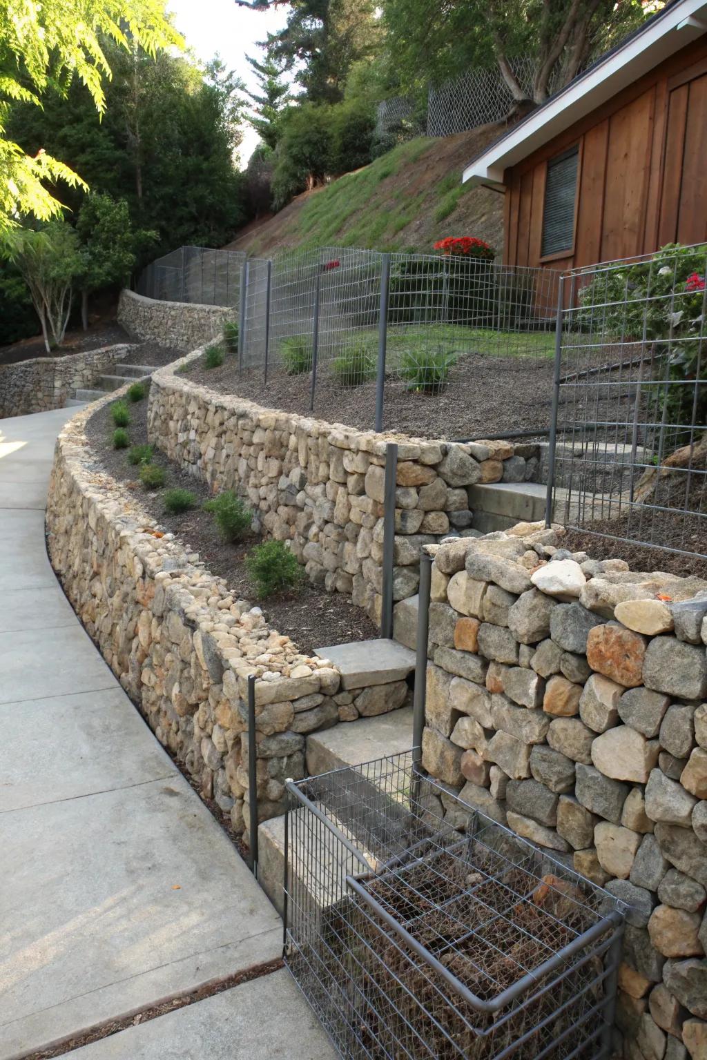 Wire cage walls offer a modern and functional solution for stabilizing slopes.