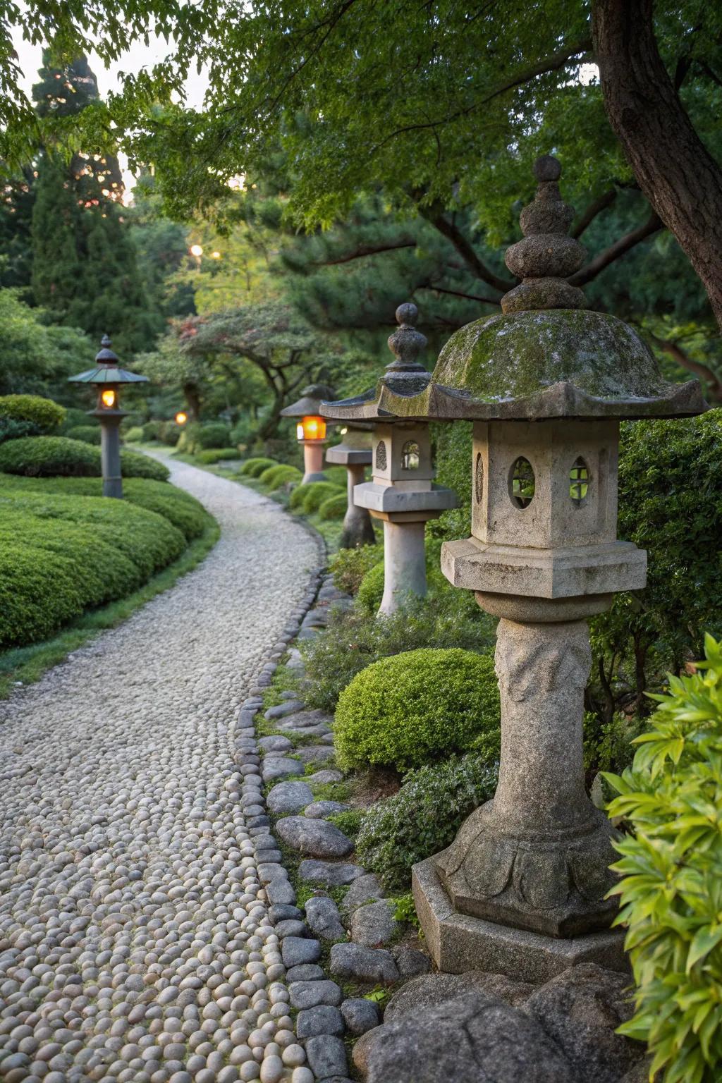 An enchanting rounded stone path with stone lights.
