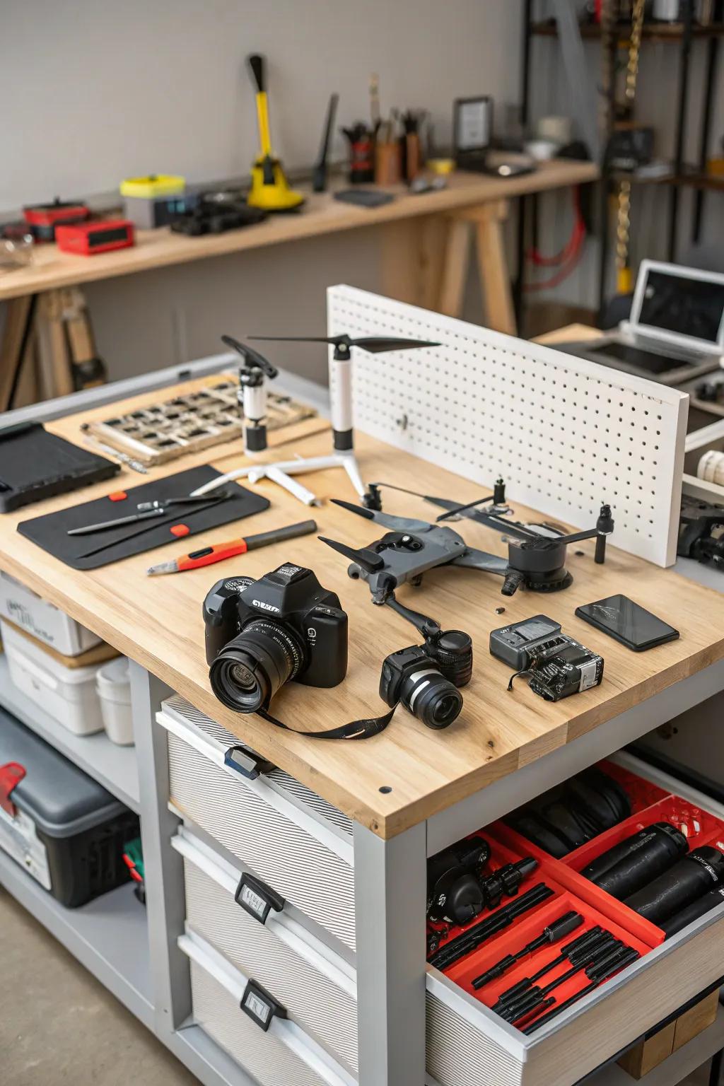 Maximize functionality with a multi-purpose workbench for drone storage.