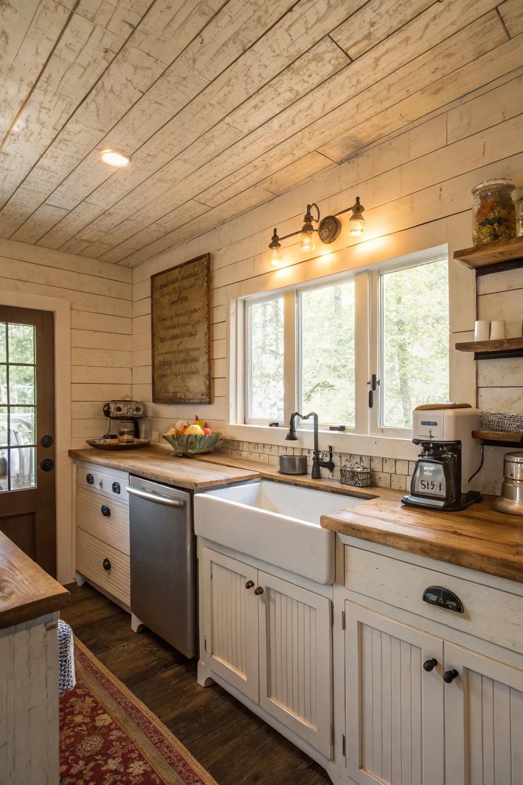 Farmhouse charm with shiplap ceiling panels.