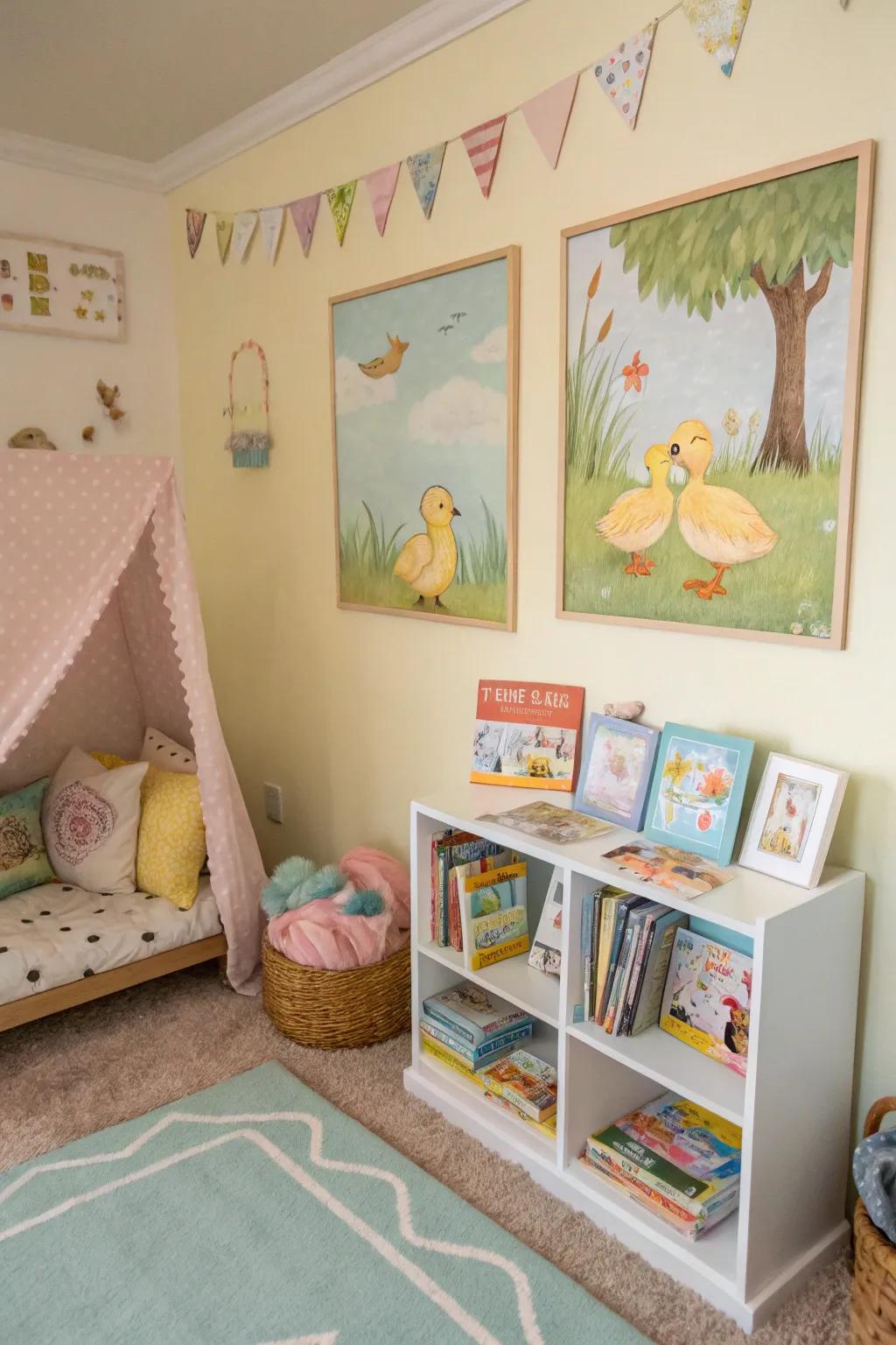 Nursery rhyme ducklings create a whimsical, storybook atmosphere.