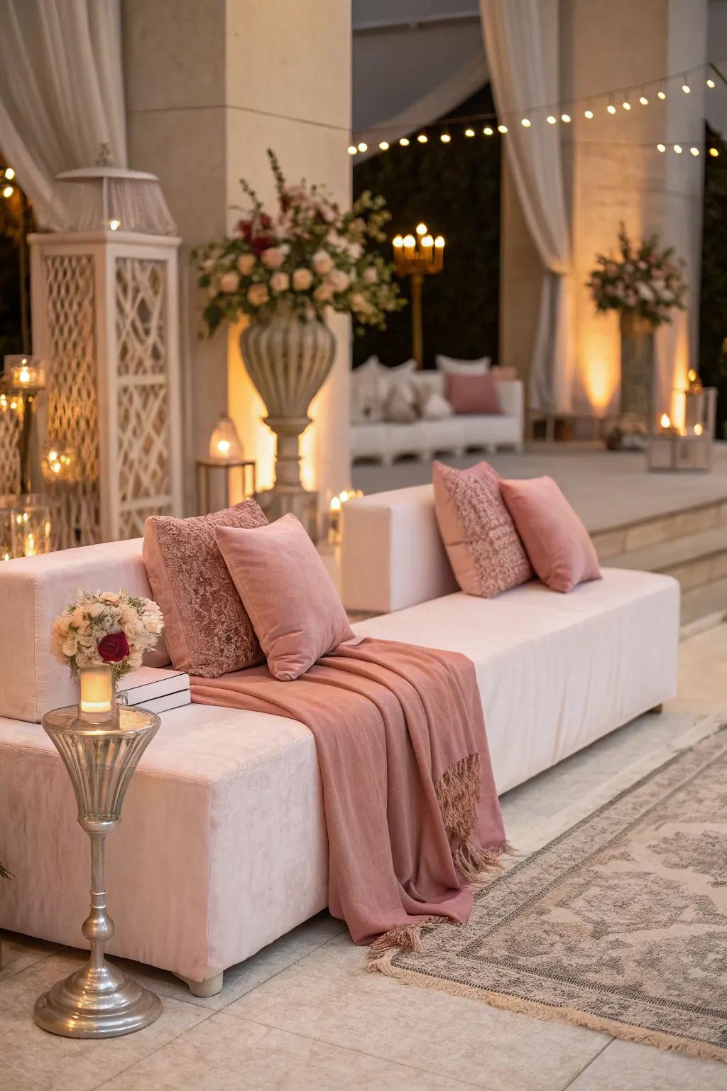 Cozy lounge area featuring rose blush accents.