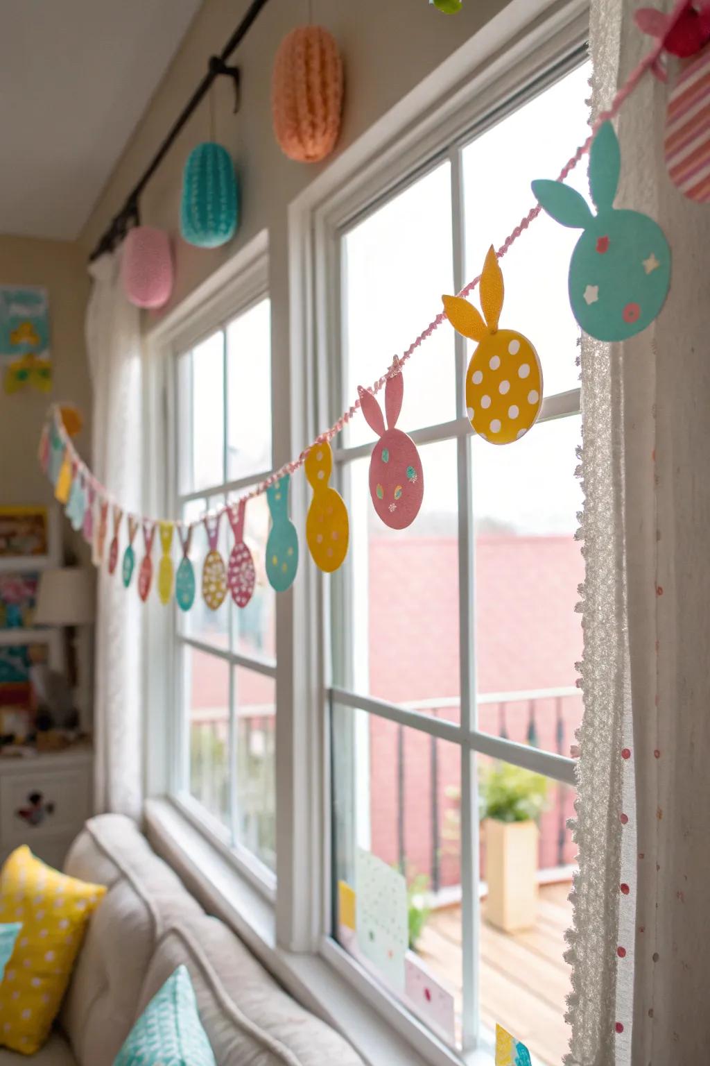 A charming homemade bunny festoon for Easter ornamentation.