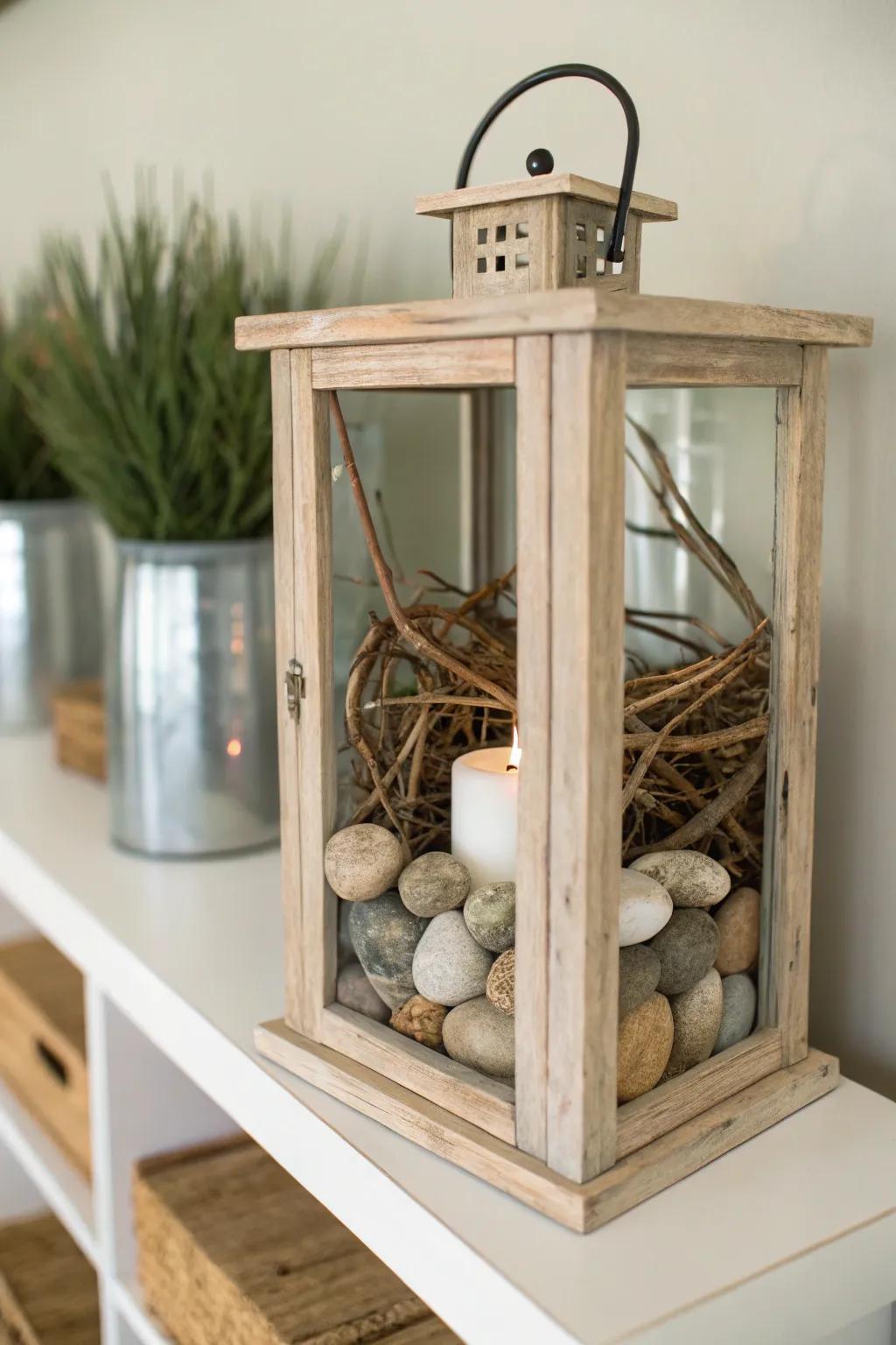 Natural components craft an organic, understated lantern display.
