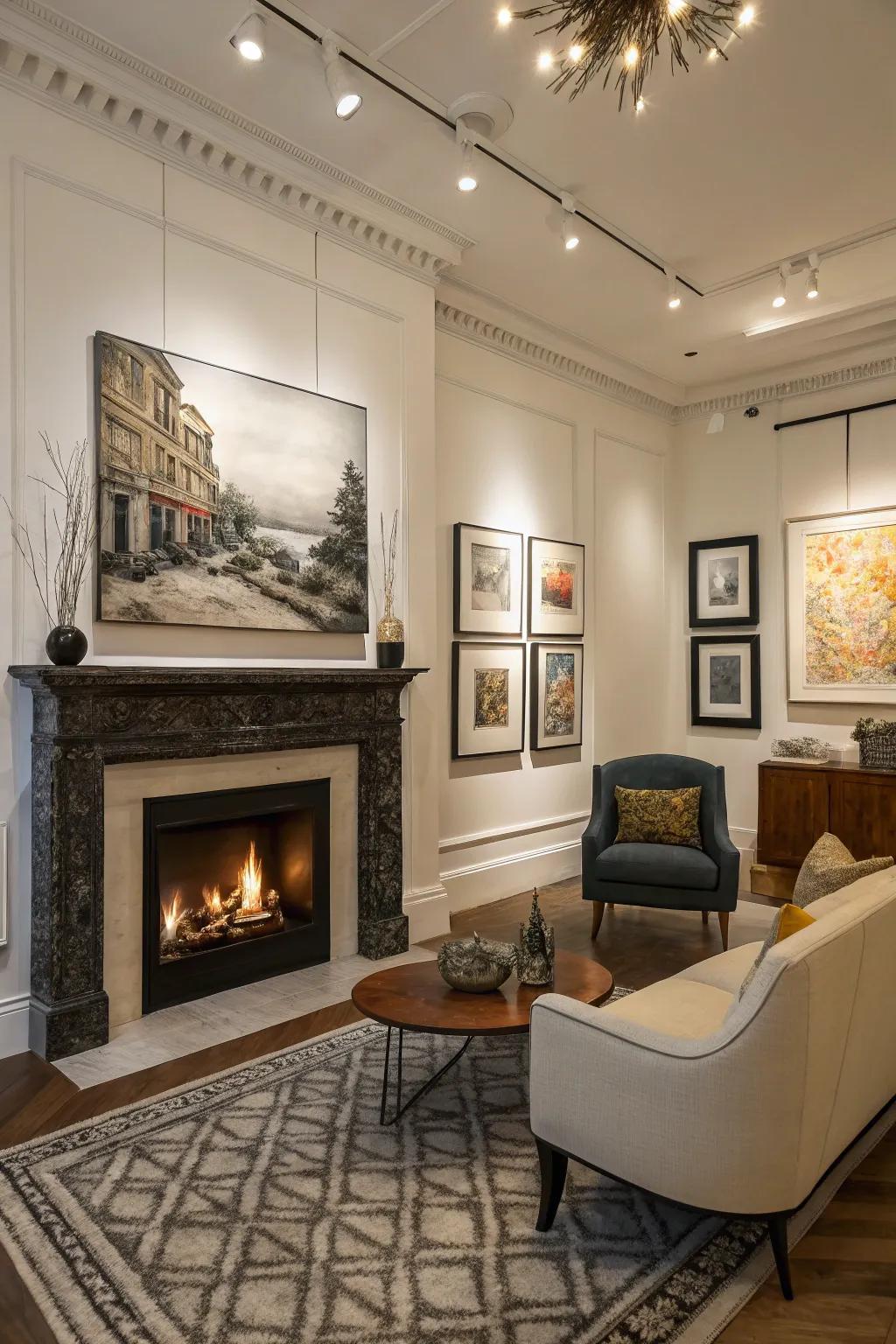 An art gallery-style display around an electric fire feature.