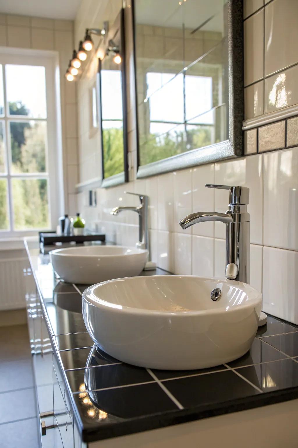 Glossy finishes impart sophistication to this chic bathroom.