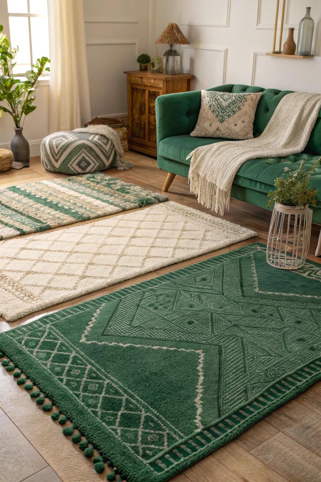 Layers of rugs in green tones contribute coziness.