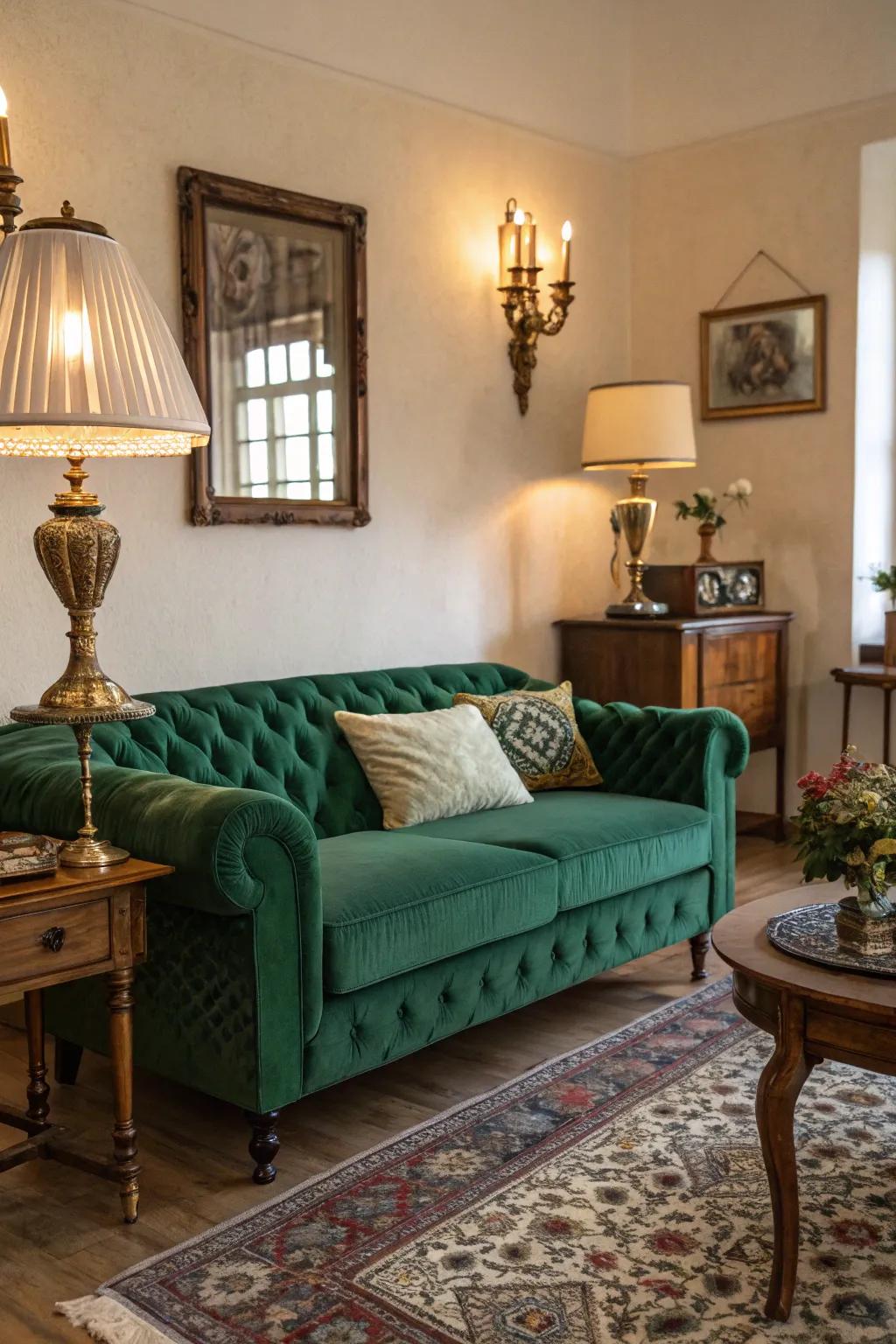 Vintage touches add charm to a living room featuring a verdant couch.