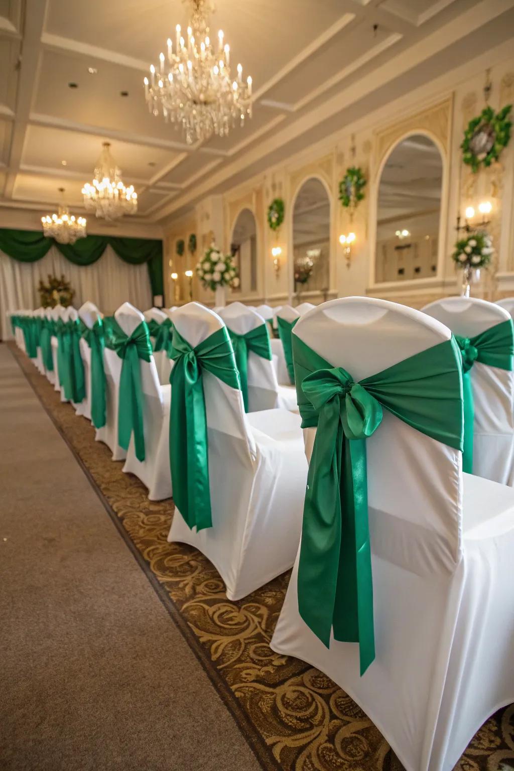 Chic chairs adorned with emerald decorations.