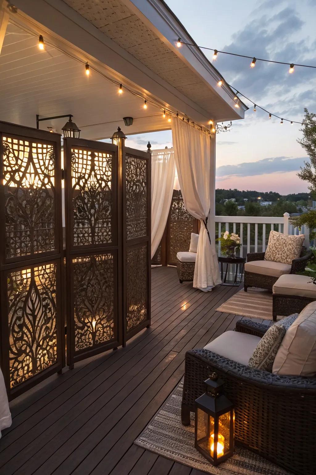 Stylish privacy dividers on a sheltered patio.