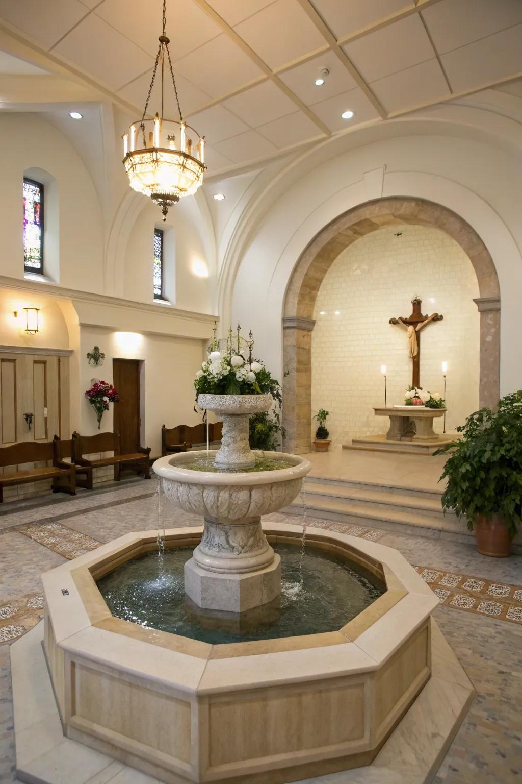 A small water feature adds tranquility to the church lobby.