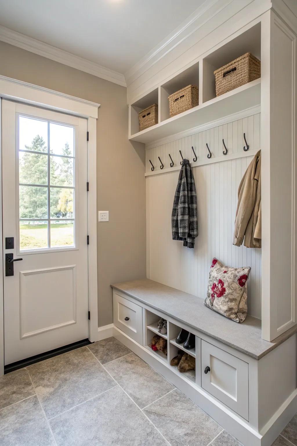 A basic approach aids in maintaining a serene and uncluttered mudroom.