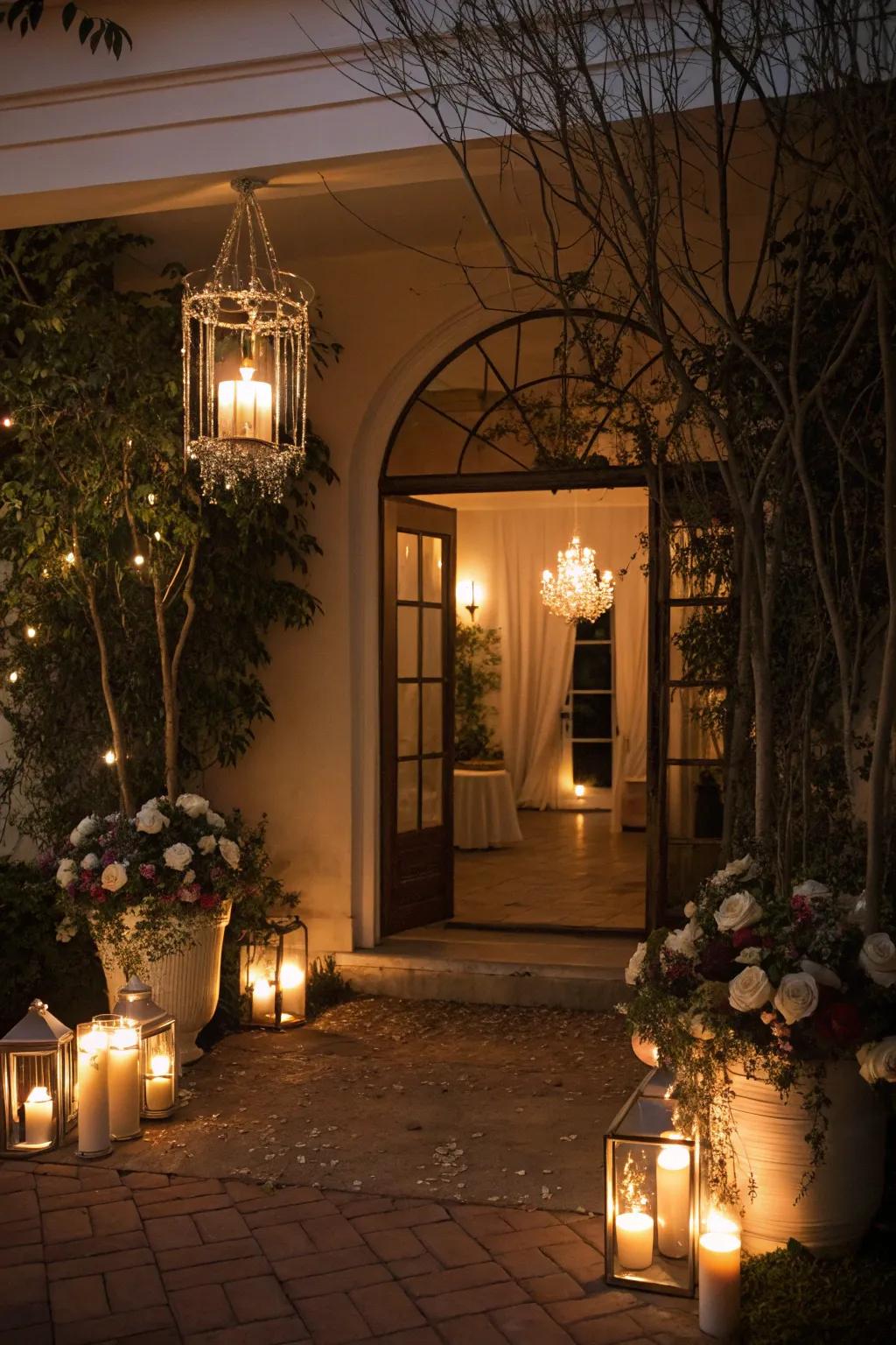 A foyer with candle-style light fixtures providing a warm and romantic glow.