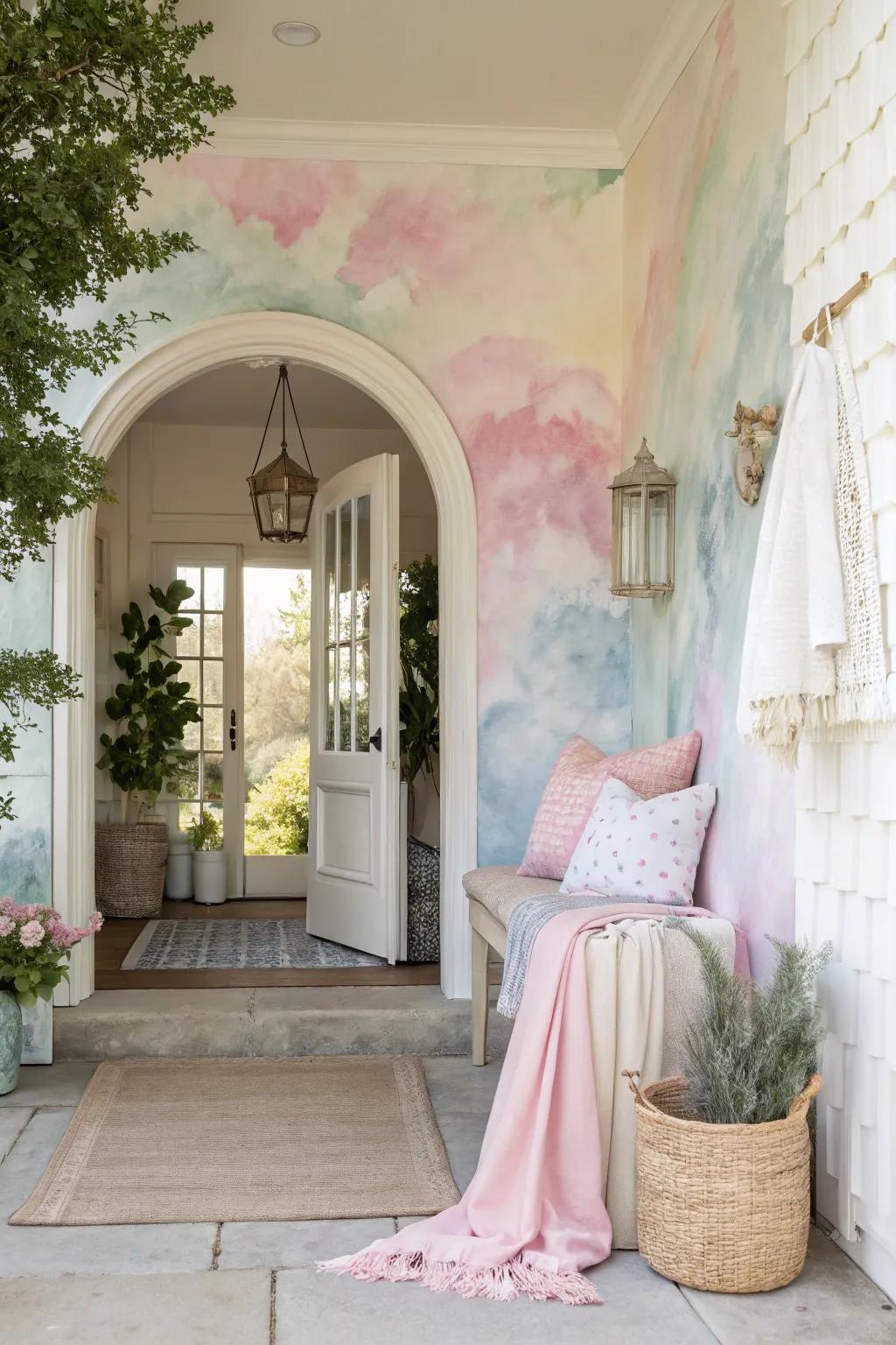 Dreamy entryway featuring watercolor wallpaper for a gentle welcome.