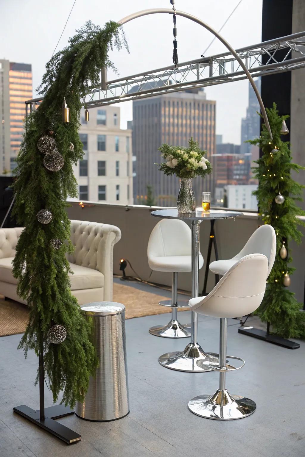An urban chic swag featuring metallic accents in a studio.