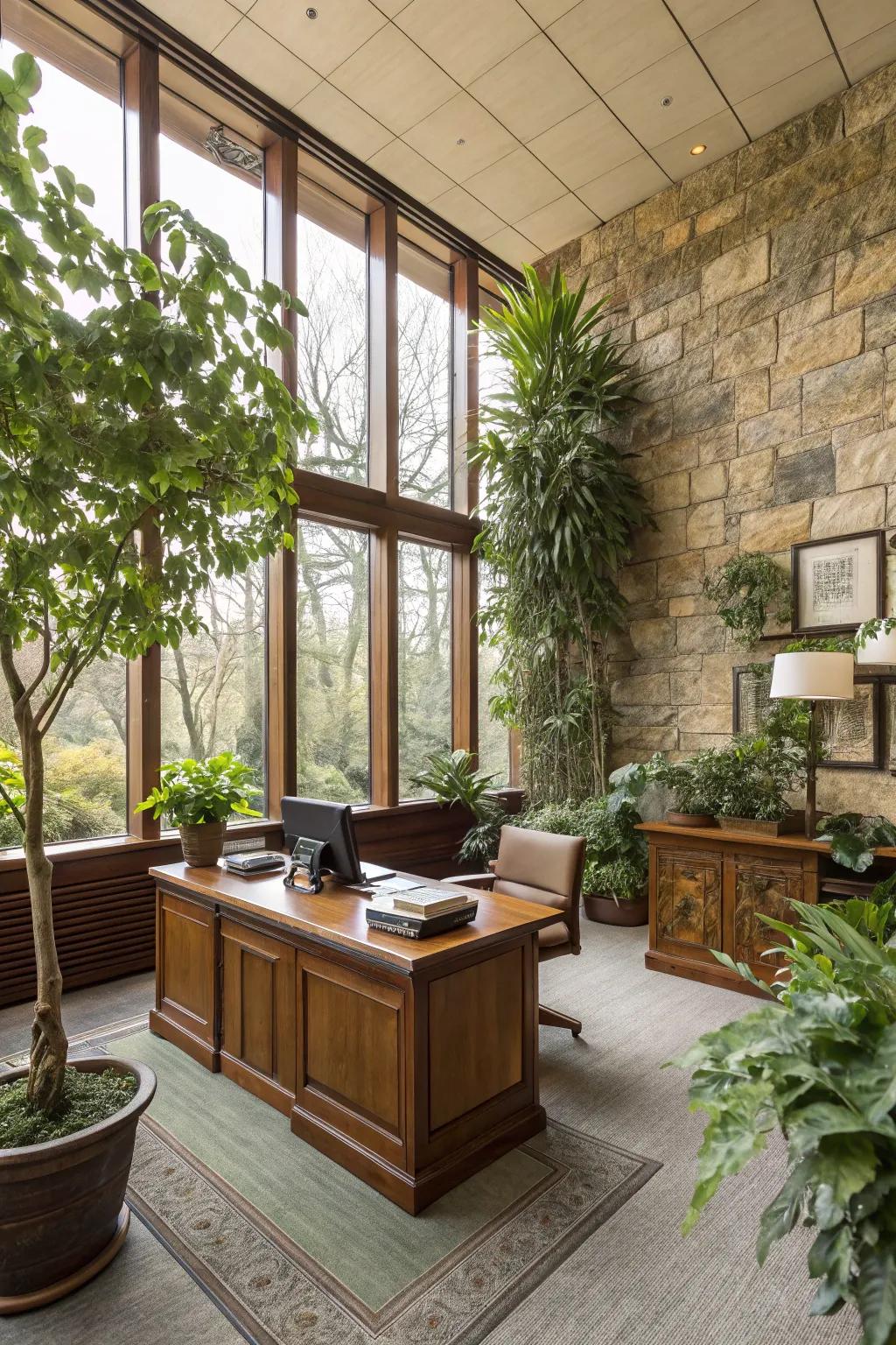 Nature-inspired elements create a calming office environment.