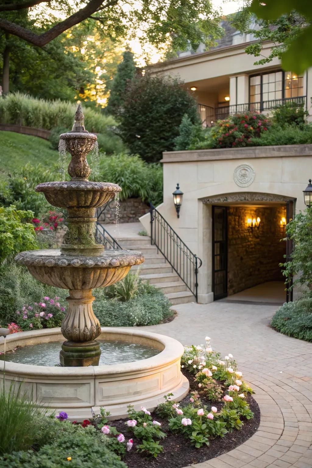 An elegant fountain enhances tranquility at the doorway of a basement.