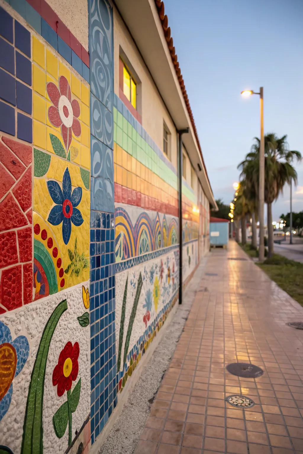 Mosaic panels add a vibrant and playful touch.