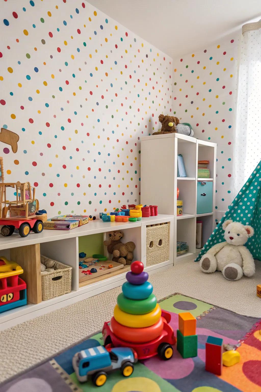 Playful circles in fabric wallpaper set a whimsical tone.