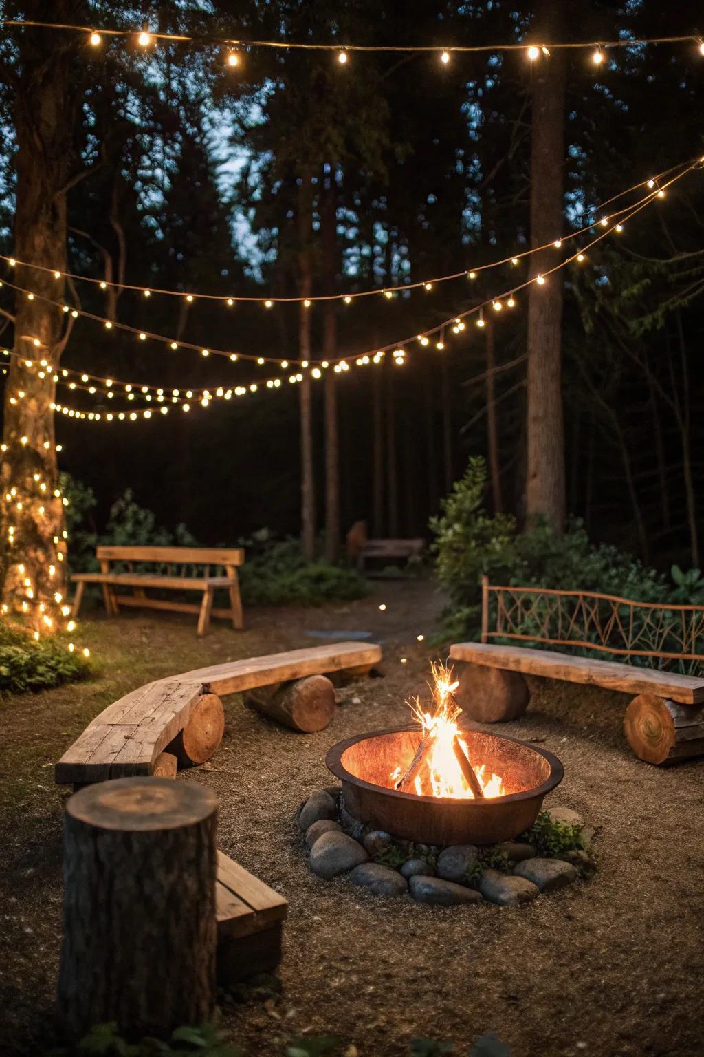 Ornamental lights around a fire pit enhance the cozy ambiance.