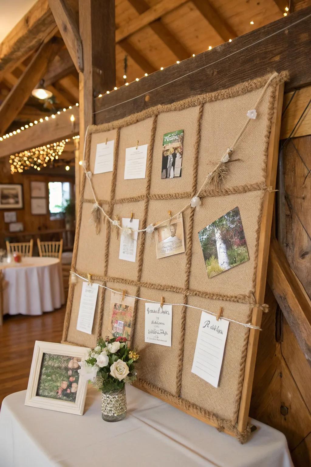 Rustic farmhouse charm on a fall bulletin board with burlap and twine.